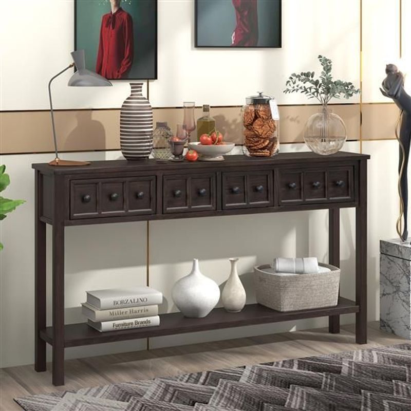 Rustic Entryway Console Table, 60' Long Sofa Table With Two Different Size Drawers And Bottom Shelf For Storage (Espresso)_voghion.com