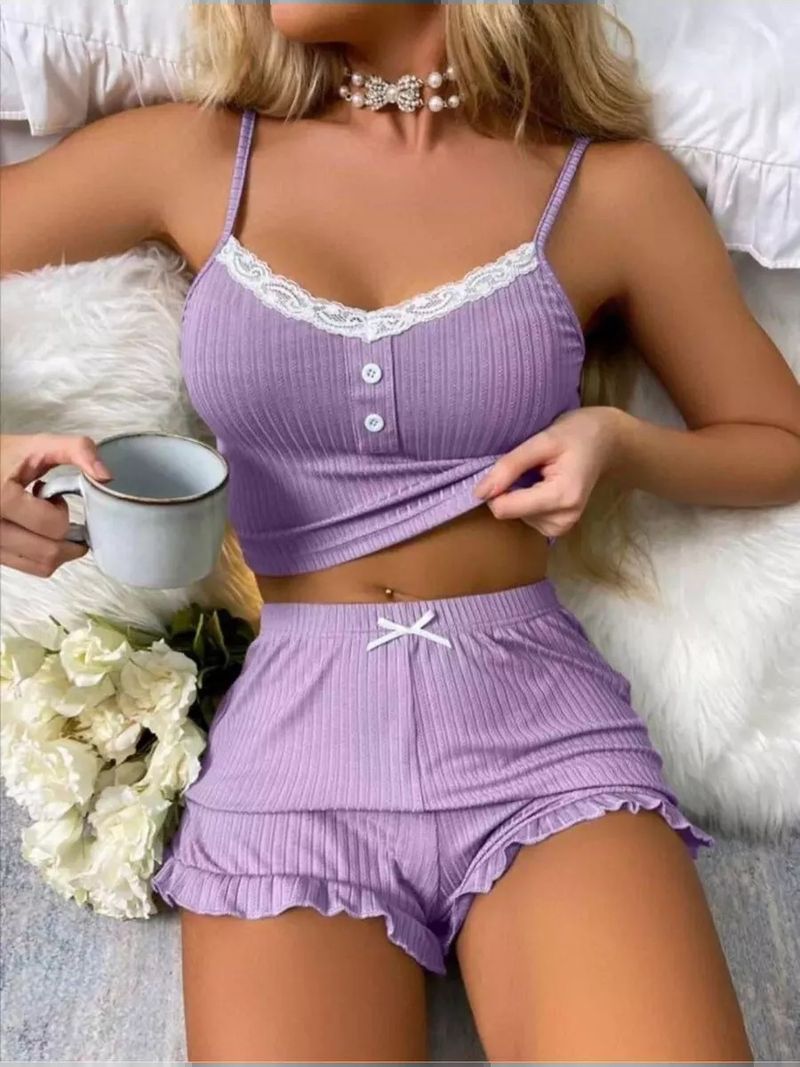 Damen Nachtwäsche Neue Sexy Spitze Hosenträger Pyjamas Set Shorts Damen Home Kleidung Pyjamas_voghion.com