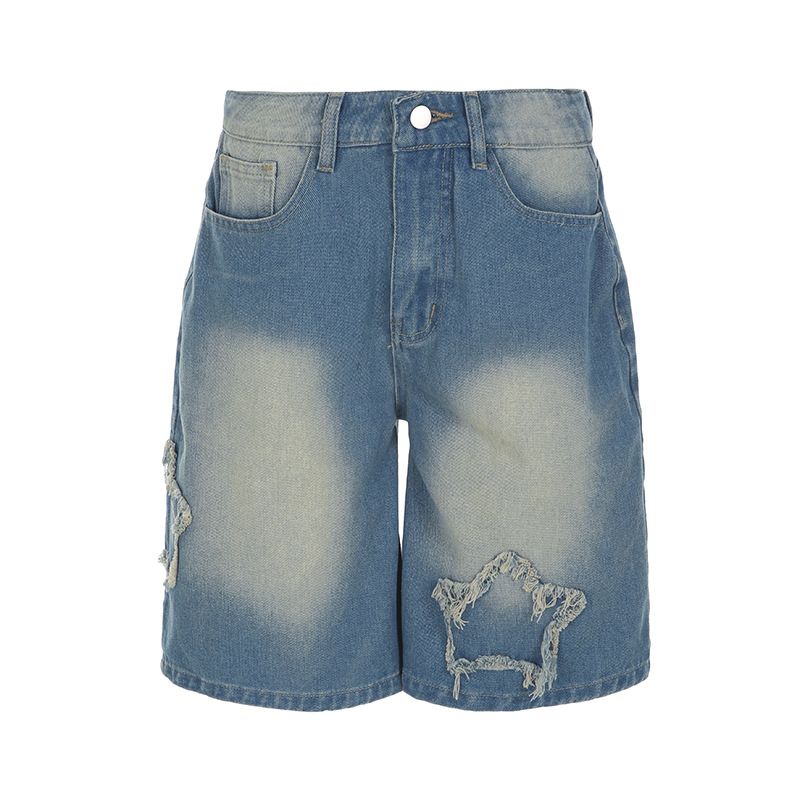 Distressed Star Patchwork Denim Jeans Streetwear Low-Rise Wide Leg Pants With Raw Hem Detail Grunge Aesthetic Mid-Length Jeans_voghion.com