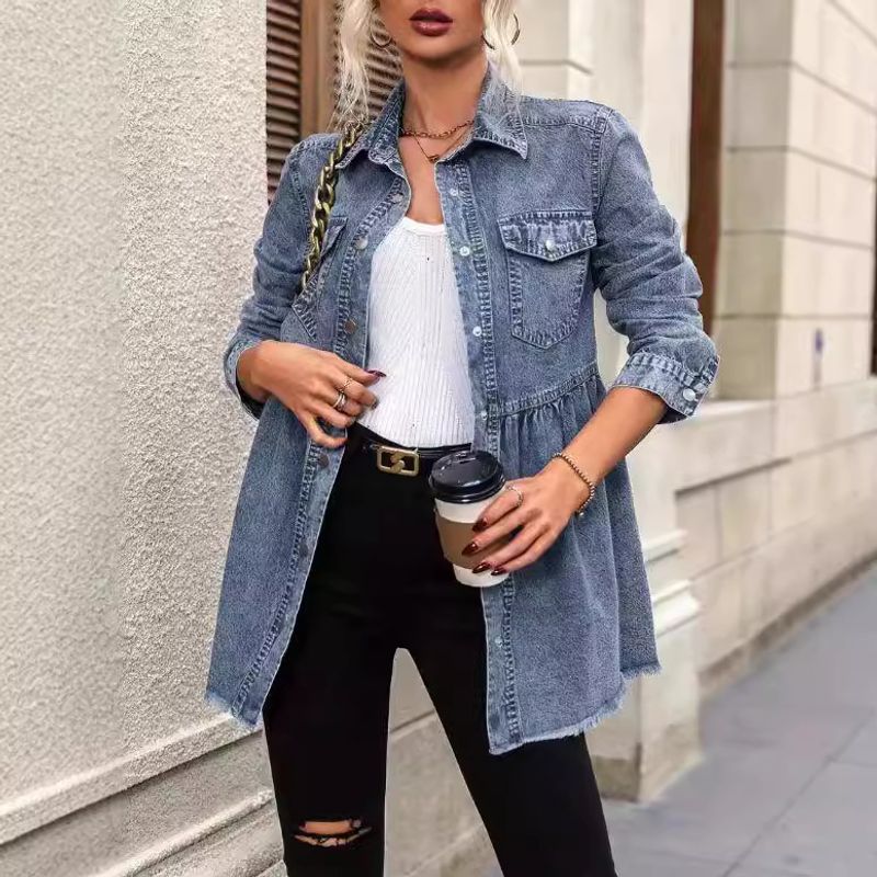 Vêtements pour femmes Chemises en jean à manches longues et bords bruts Hauts Veste en jean pour femmes_voghion.com