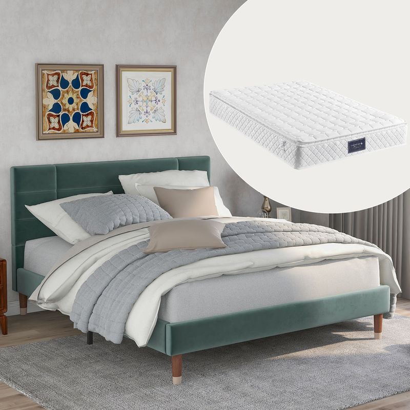 Polsterbett, Doppelbett Mit Lattenrost, 140x200cm Gepolsteres Bettgestell Mit Kopfteil, In Dunkelgrün Samt, Für Erwachsene&Jugendliche (Mit Federkernmatratze)_voghion.com