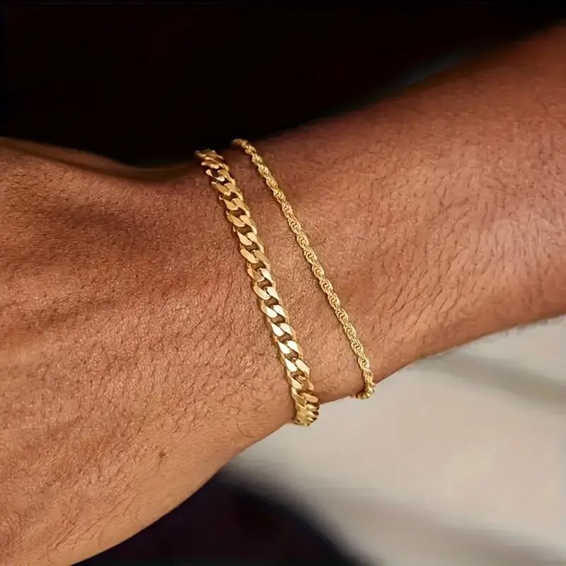 Accessories Fashion Men's Braided Hip-Hop Simple Cuban Chain Two-Piece Bracelet Set_voghion.com