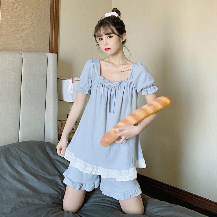 6535 Baumwolle Nachtwäsche Frauen 204 Sommer süße Prinzessin Stil Kurzarm Shorts zweiteilige Home Kleidung für Studenten_voghion.com