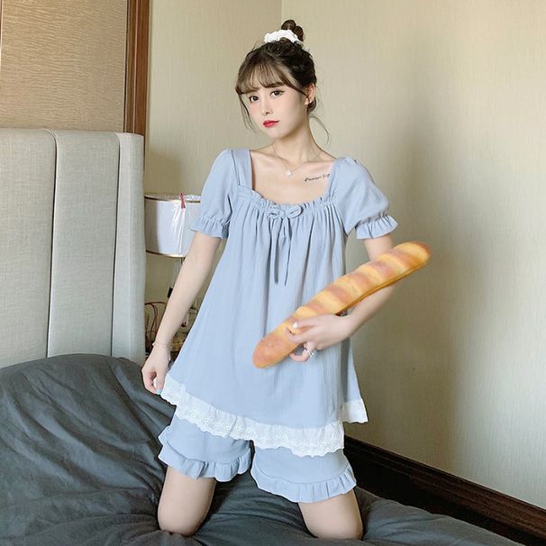 6535 Baumwolle Nachtwäsche Frauen 204 Sommer süße Prinzessin Stil Kurzarm Shorts zweiteilige Home Kleidung für Studenten_voghion.com
