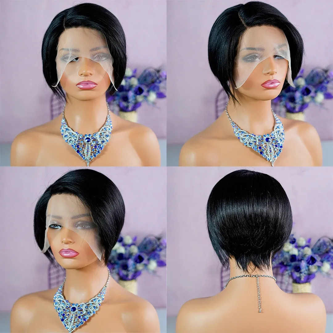 Äkta Hår Pixie Cut Peruk T Lace Sidodel Kort Lace Front Billiga Transparent Förplockad Bob Peruk_voghion.com