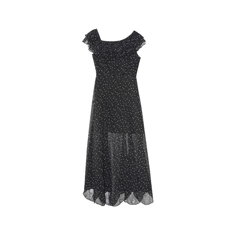 Interpreting Beauty NEWOPEN 25 Abito lungo a pois in chiffon francese elegante con spalle scoperte e volant S5278 Indumento_voghion.com