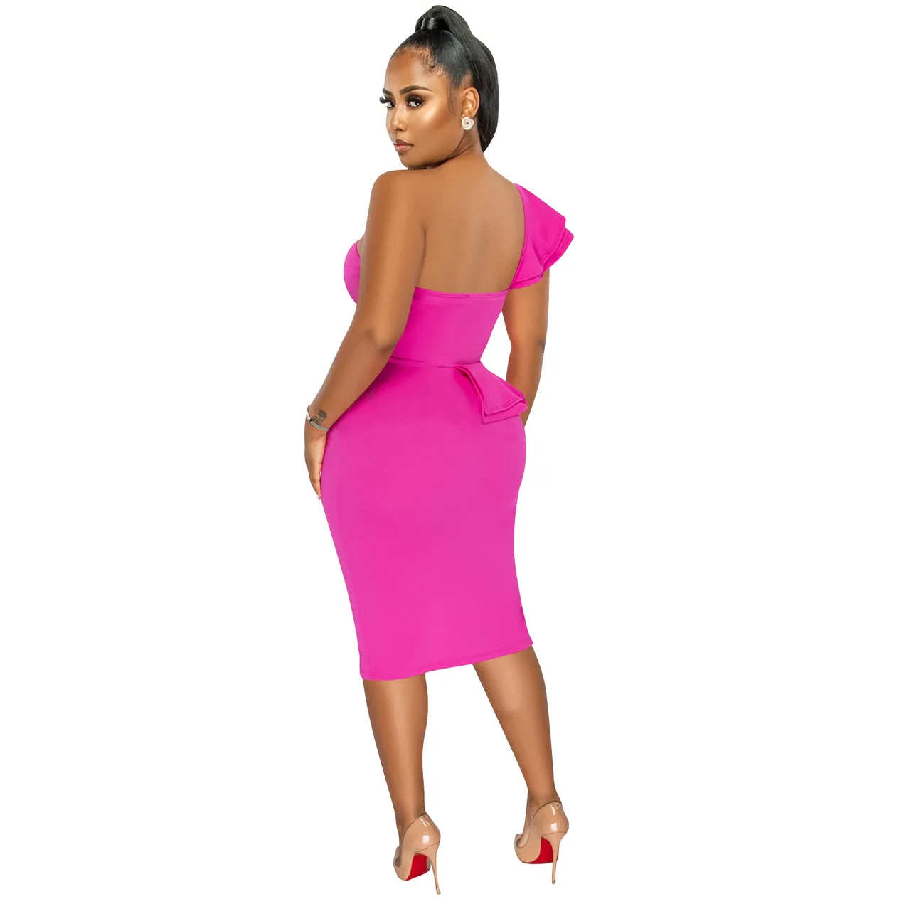 Women's Clothing fashion casual ruffled slit one shoulder sleeve dress women's clothing_voghion.com