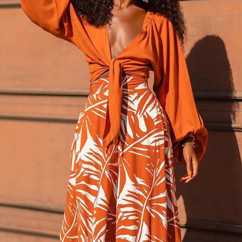 Abbigliamento da donna Pantaloni stampati Top con scollo a V a maniche lunghe set in due pezzi_voghion.com