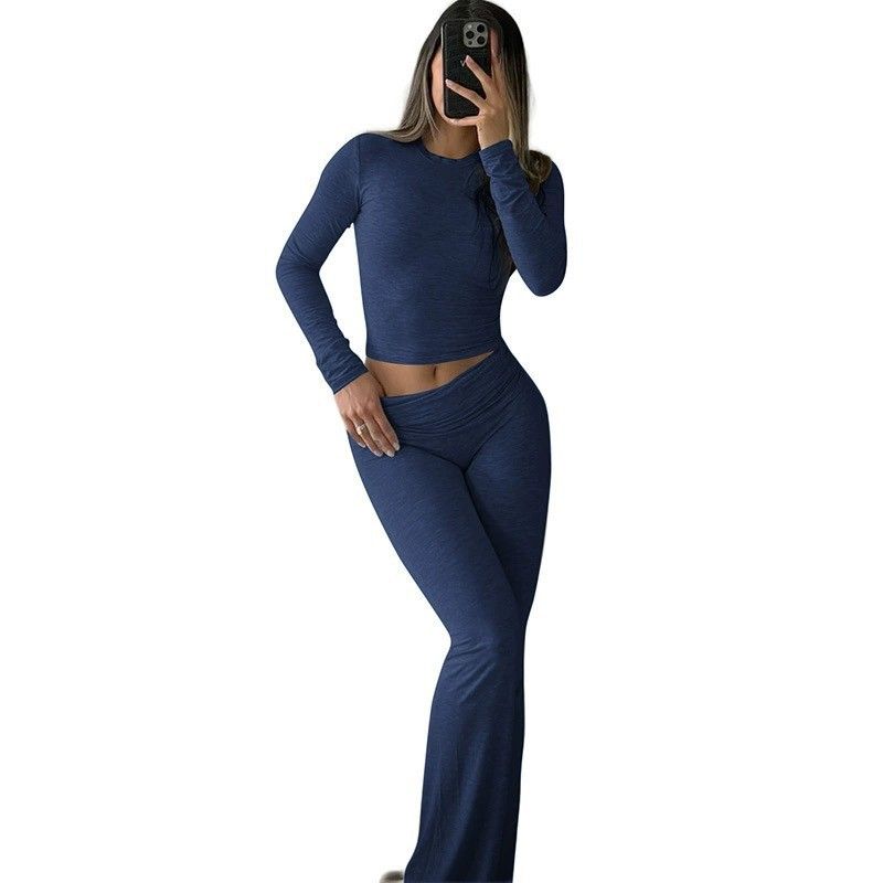 Women's Casual Workout Two-Piece Set Long Sleeve Round Neck Low-Rise Flare Pants Tracksuit Fashion Trends_voghion.com