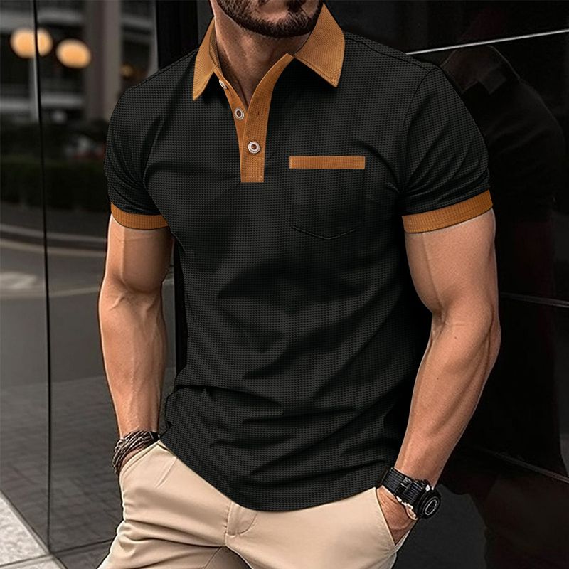 Men's Clothing new cross border men's waffle color matching chest pocket short sleeved button T shirt top_voghion.com