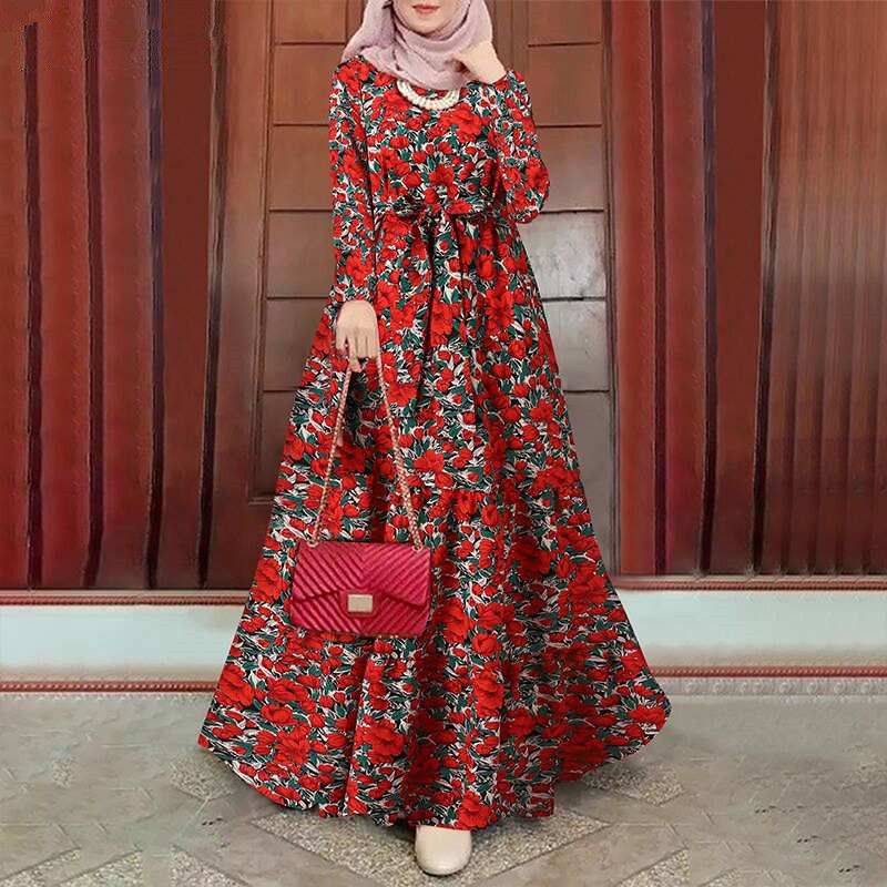 Damenkleid bedrucktes Sommerkleid langärmliges Gewand Gürtel_voghion.com