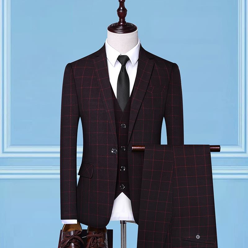 Men's Clothing Suit Trousers Shirt Three Piece Suit Plaid Business Casual_voghion.com