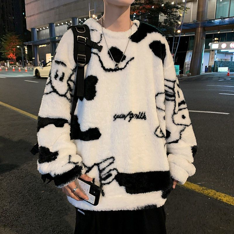 Felpa con cappuccio in flanella per ragazzi autunno e inverno versione coreana larga maglietta spessa dentro e fuori da indossare amanti maglietta pigiama giacca_voghion.com