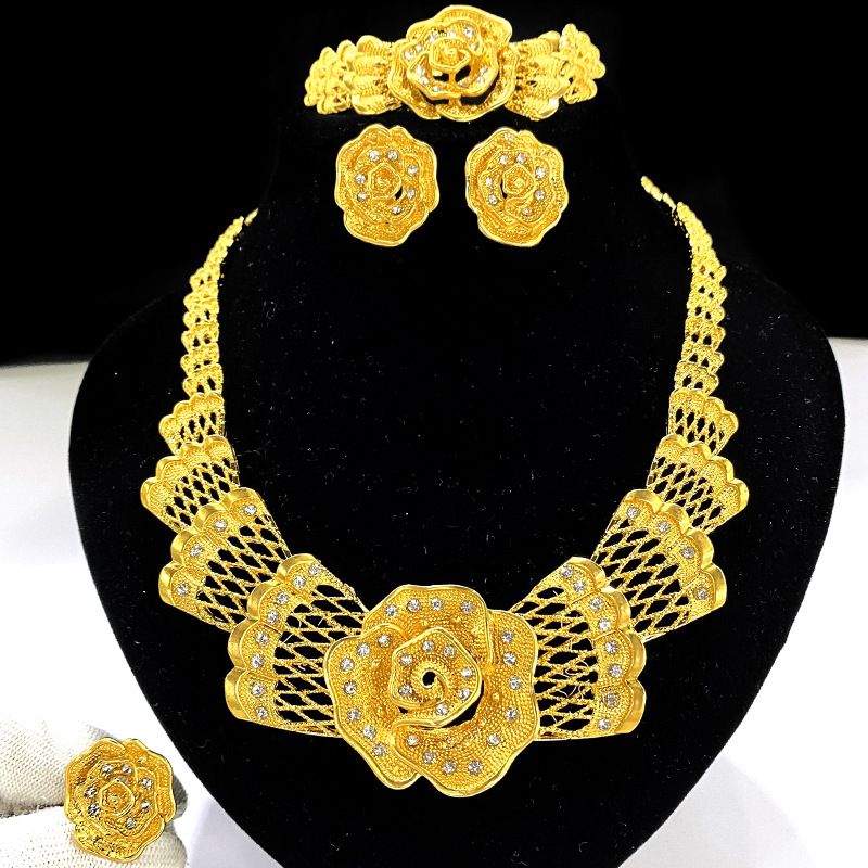 Gold-plated floral jewelry set Necklace earrings bracelet ring four pieces of jewelry_voghion.com
