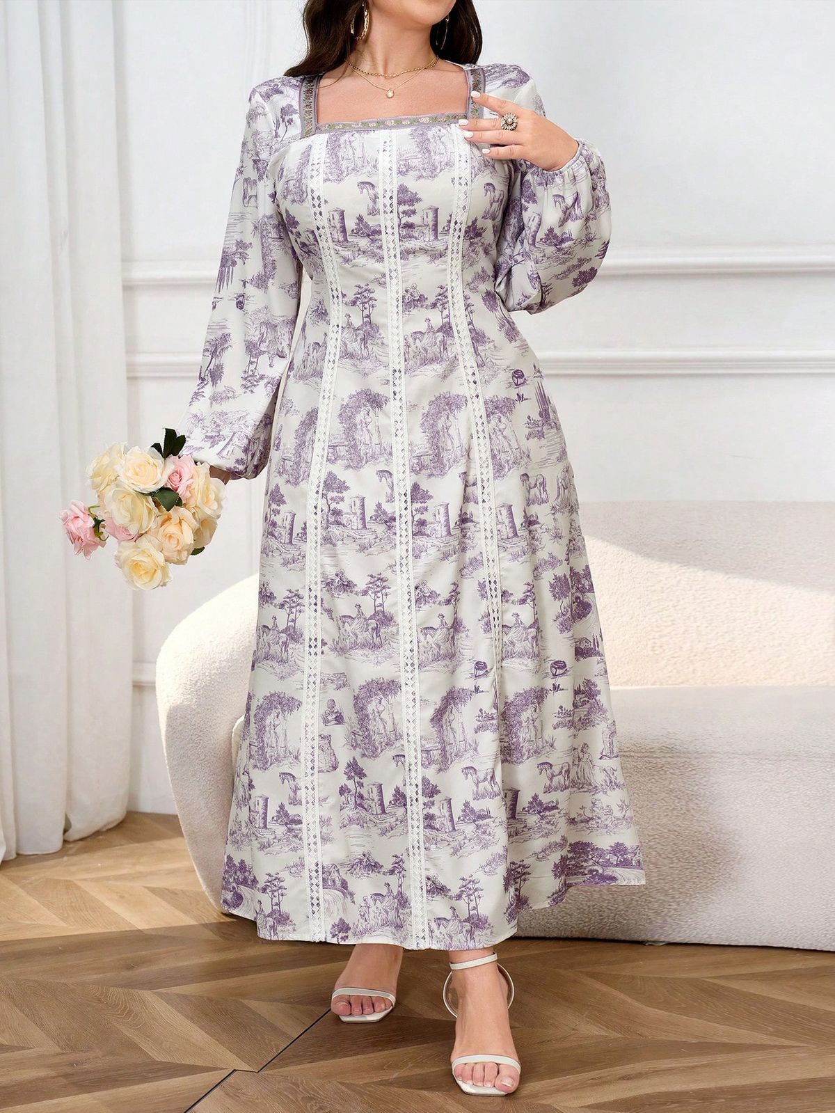 Vestido Fusion Primavera Outono - Corte Slim com Decote Quadrado e Saia Flare | Estampa Patchwork Exclusiva | Tamanhos 0XL-4XL_voghion.com