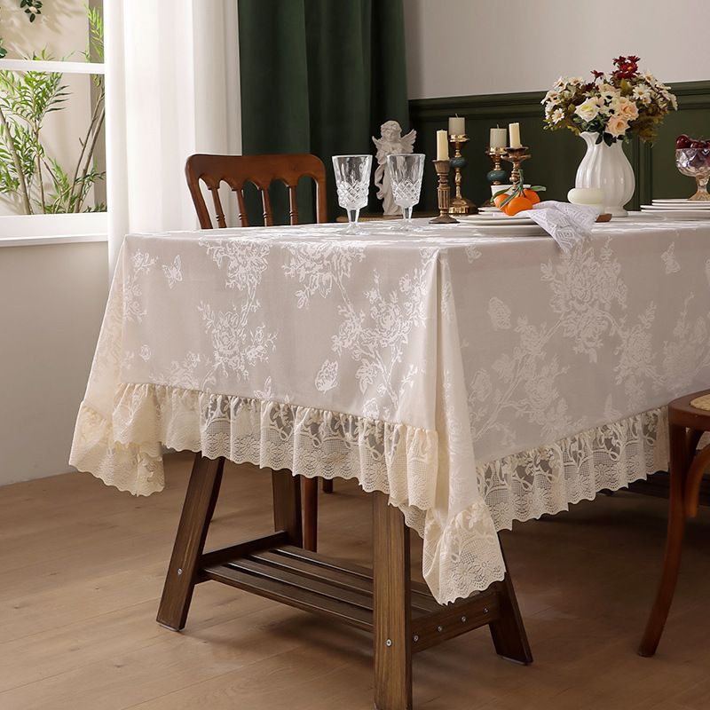​​French Vintage Lace Tablecloth - Thickened Rectangular Table Cover With Elegant Ruffle Trim, Luxury Dining & Coffee Table Decor_voghion.com
