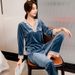 Underwear & Sleepwears Velvet Lace Trim Women's Winter Pajama Set - Soft Flannel Long Sleeve & Pants For Home & Outwear (Grey, Blue, Wine, Pink)_voghion.com