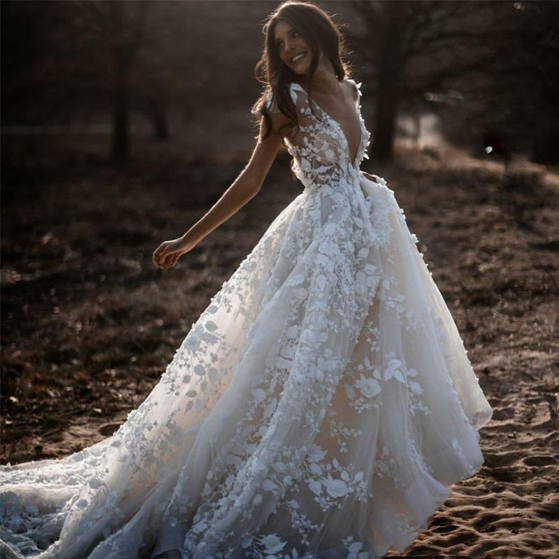 A Kesim V Yaka Bohem Gelinlikler Vintage Dantel Balo Elbiseleri Dantel Gelinlikler Tektaş Spor Korse Boho Vestidos De Novia_voghion.com