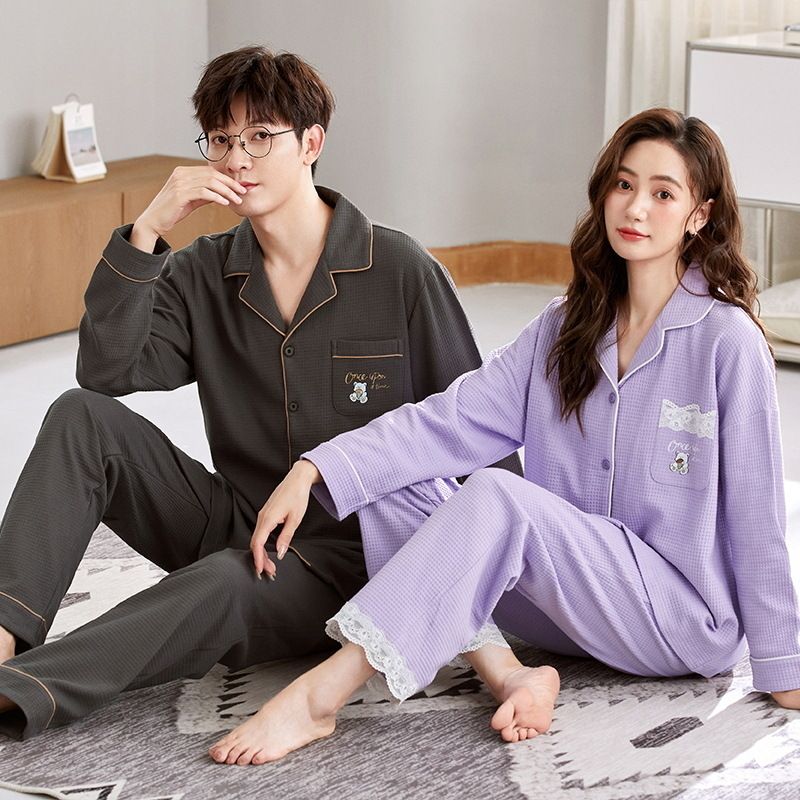 Autumn winter couple long sleeved cardigan pajamas waffle breathable cotton men's women's loose home clothes for spring_voghion.com