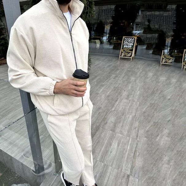 Herrenbekleidung Anzüge Lässiger Revers Reißverschluss Einfarbige Jacke Und Hose Zweiteiliger Anzug_voghion.com