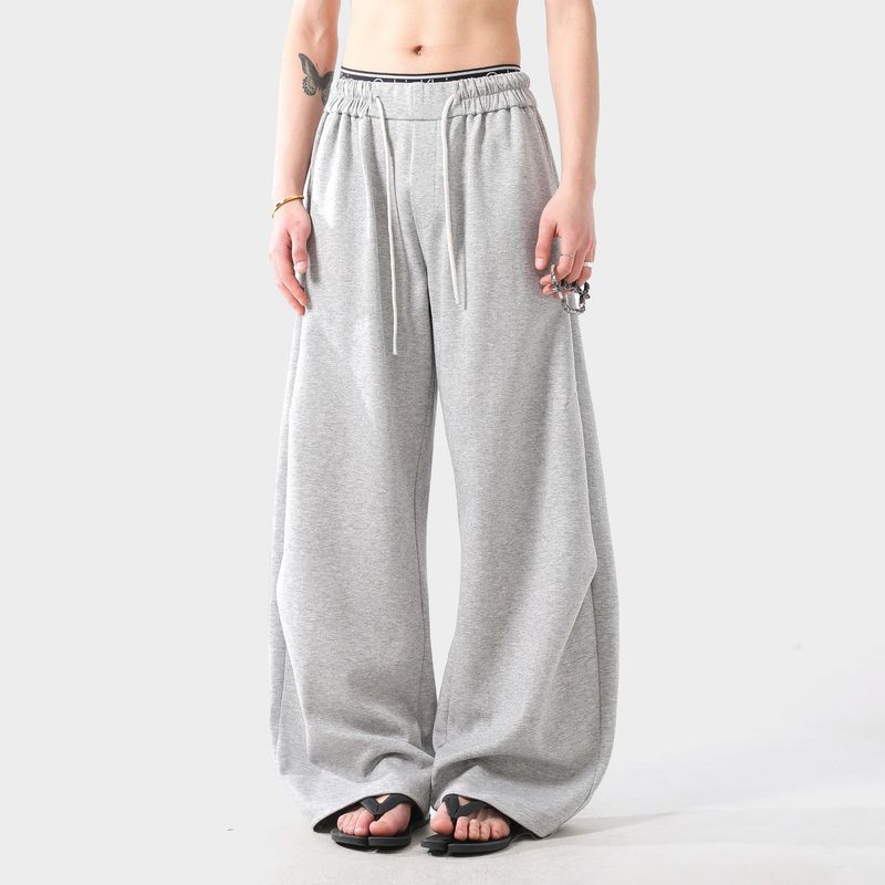 Retro-Jogginghose mit weitem Bein – Unisex, hohe Taille, 55 % Baumwolle, Kordelzug in der Taille, Cargotaschen, atmungsaktiv und leicht, Grau/Schwarz, S-XXL_voghion.com