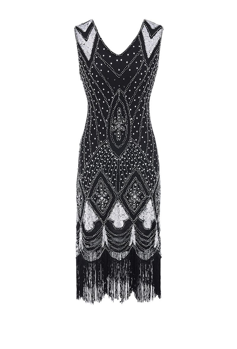 Abito retrò con paillettes e nappe davanti e dietro, abito con scollo a V profondo, abito da sera alla moda con perline, stile hot_voghion.com