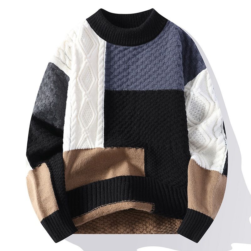 ​Herren-Winterstrickpullover, dicker Pullover mit Farbblockdesign, atmungsaktives Polyester, lockere Passform, hoher Halsausschnitt, lange Ärmel​_voghion.com