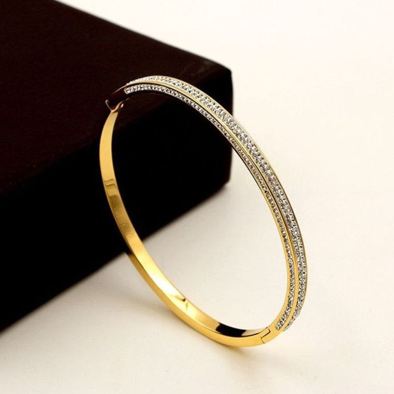 Double Row Steel Full Zircon Star Drill Gold Titanium Bracelet_voghion.com