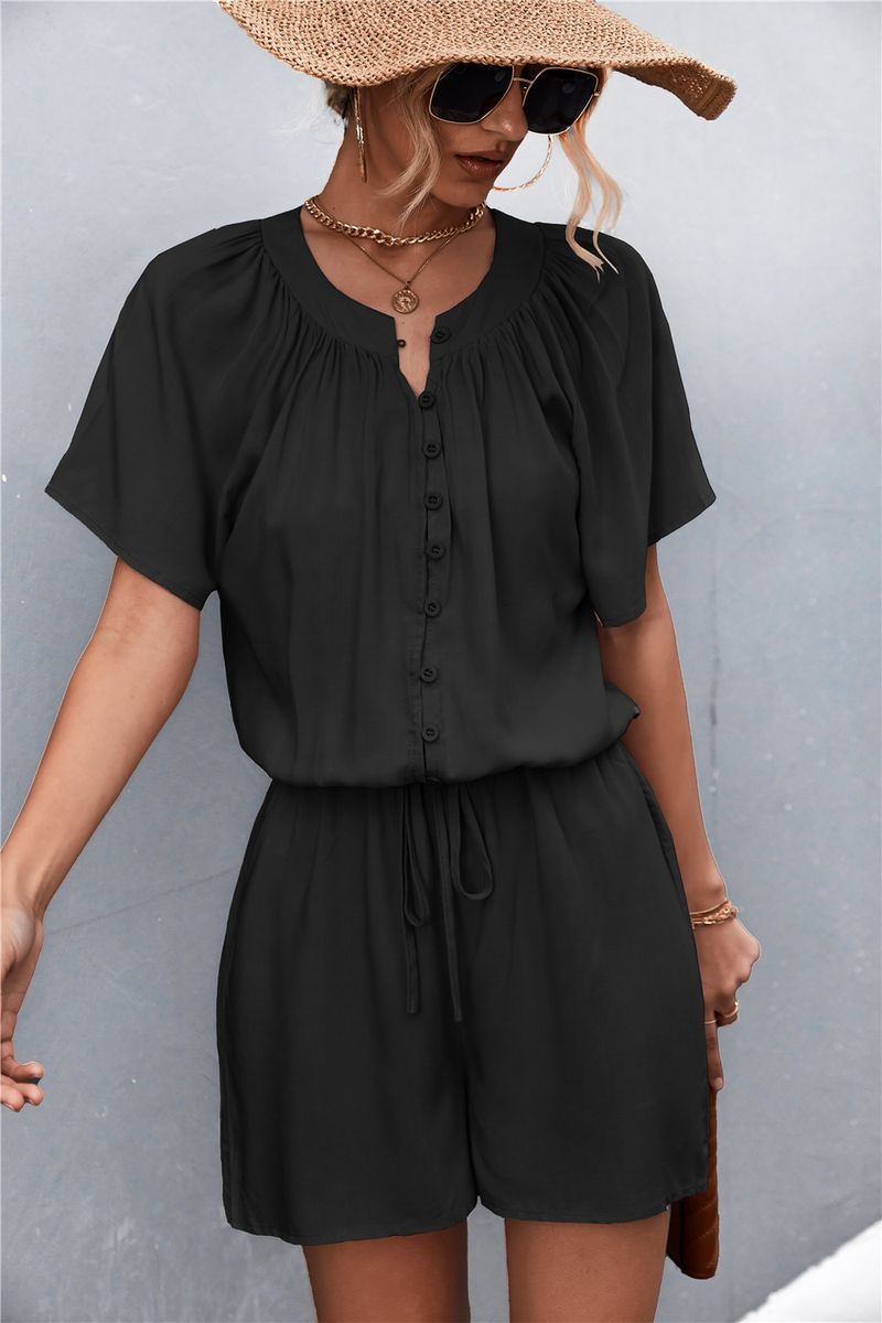 2022 Spring/Summer New Solid Color Pleated Lace Up Button Jumpsuit Casual Shorts_voghion.com