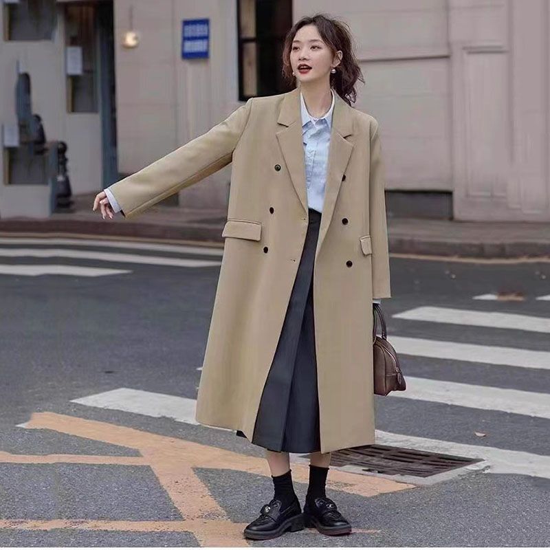 Khaki Blazer Trench Coats Women Long Y2k Casual Gabardina Jackets Korean Abrigo Double Breasted Windbreaker Casaco New_voghion.com
