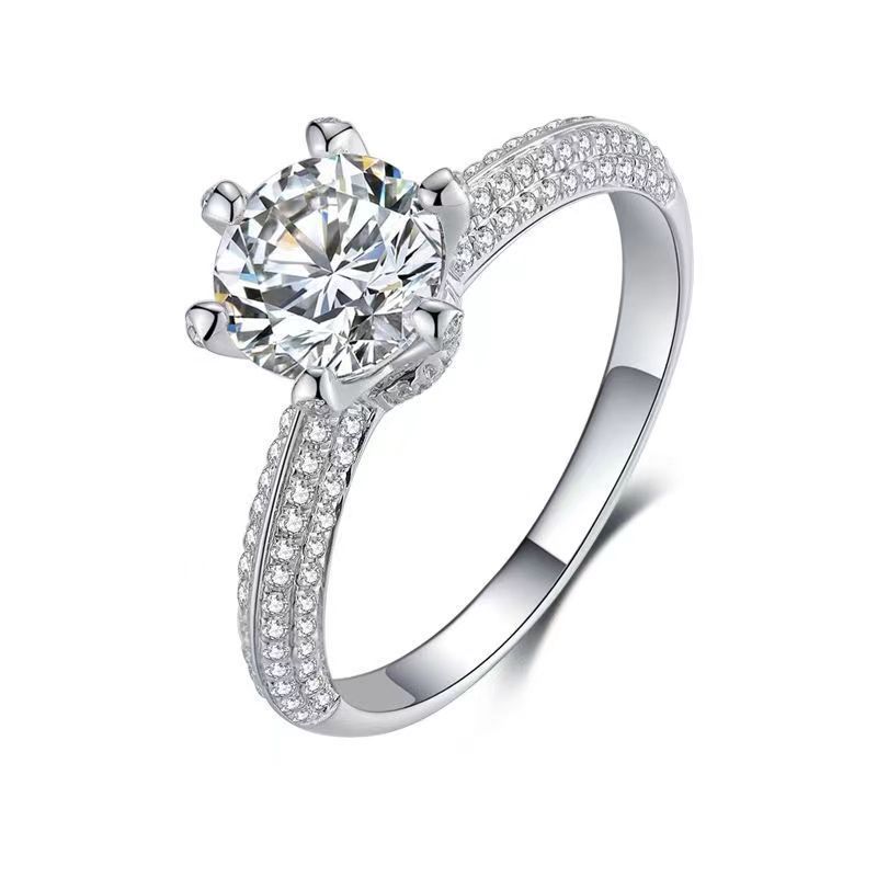 Anello da donna classico a sei artigli con diamanti simulati ad alto tenore di carbonio e mezza parete Jiangshan Luxury D Color_voghion.com