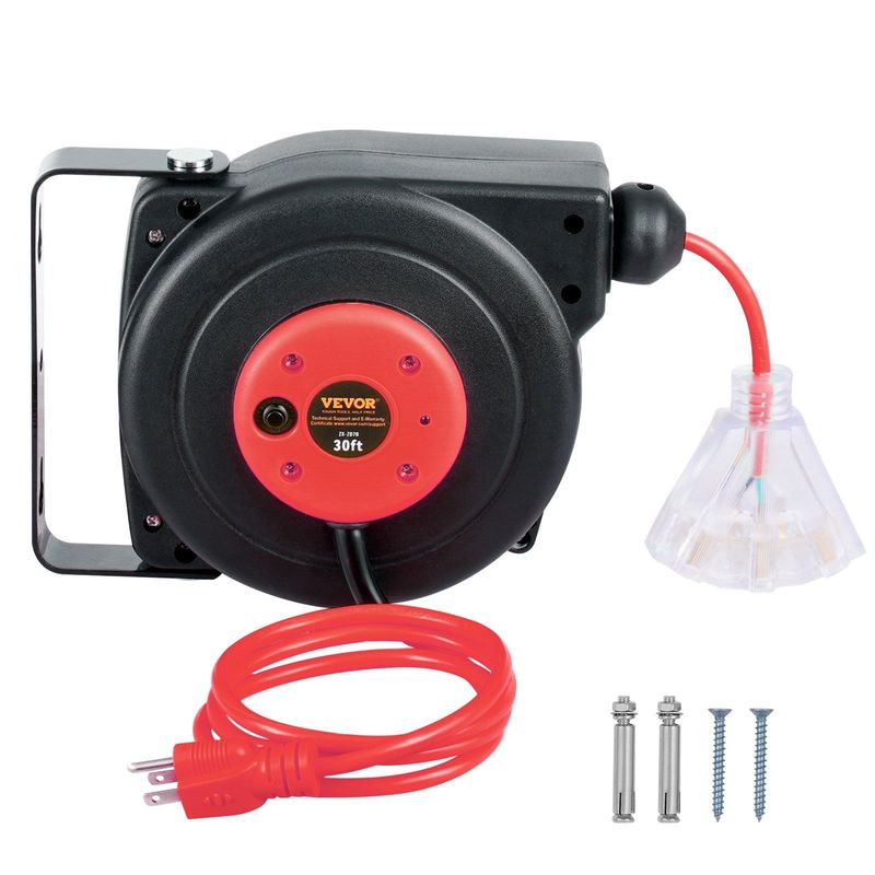 VEVOR Retractable Extension Cord Reel Power Cord Reel 30FT 16AWG/3C SJTOW_voghion.com