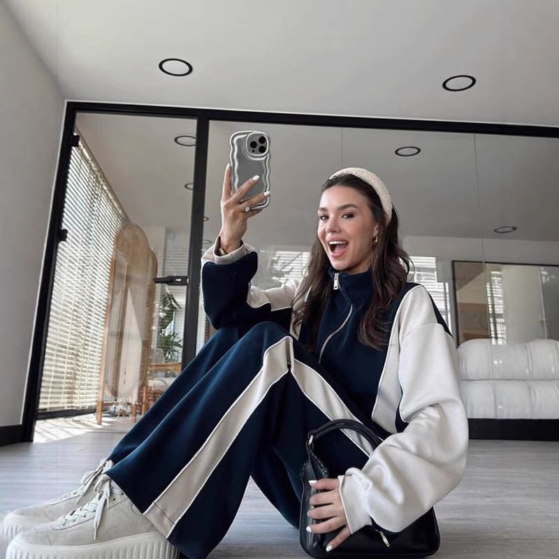 Women's High Neck Zip-Up Tracksuit Set - Stylish Wide Leg Pants & Elegant Office Wear For Spring, Comfortable & Fashionable​_voghion.com