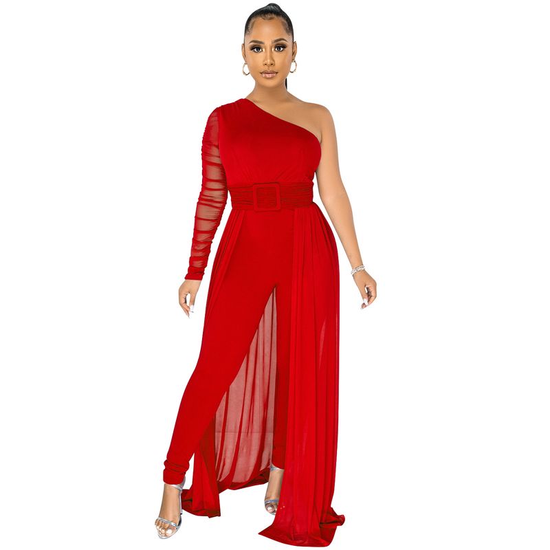 Salopetă pentru femei, culoare uni, sexy, din plasă transparentă, cu un singur umăr, guler înclinat, cu mânecă lungă, pantaloni lungi, salopetă pentru femei_voghion.com