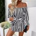 Women's Clothing fashion loose off shoulder lantern sleeve asymmetrical hem striped shirt_voghion.com