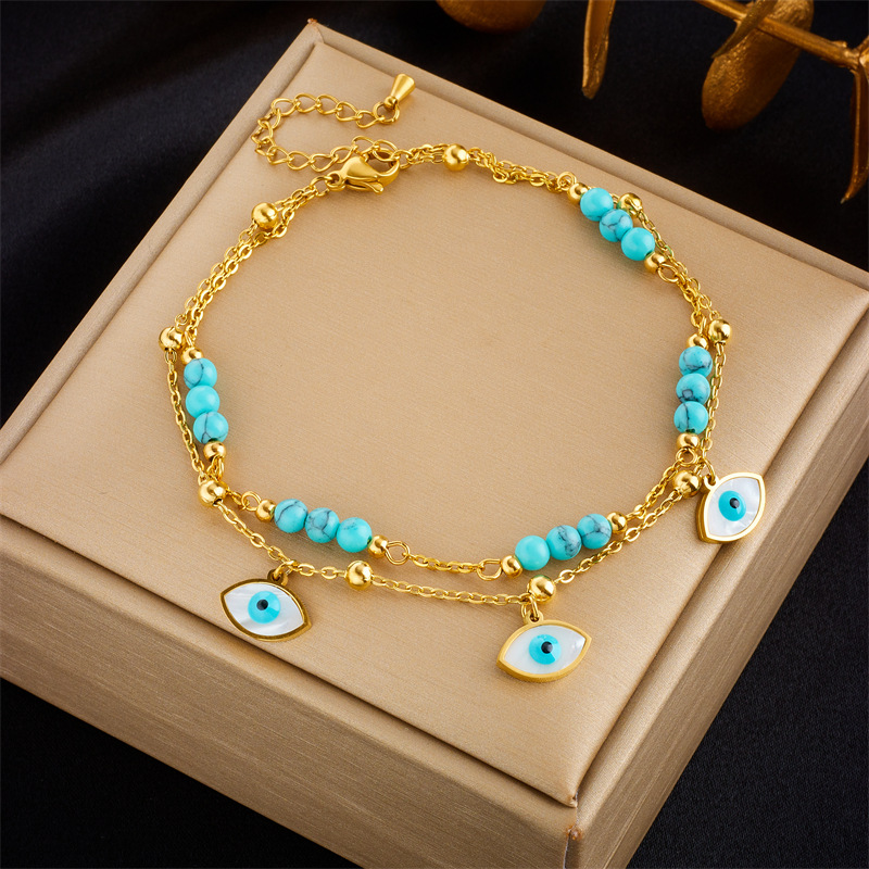 European and American fashion retro simple double-layered irregular chain beaded five-pointed star eye pendant accessories anklet_voghion.com