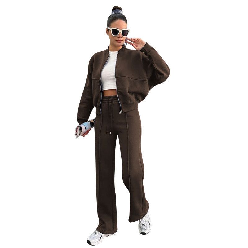 Women's Clothing Autumn And Winter Solid Color Plus Velvet Zipper Cardigan Women's Fashion Casual Straight Pants Set_voghion.com