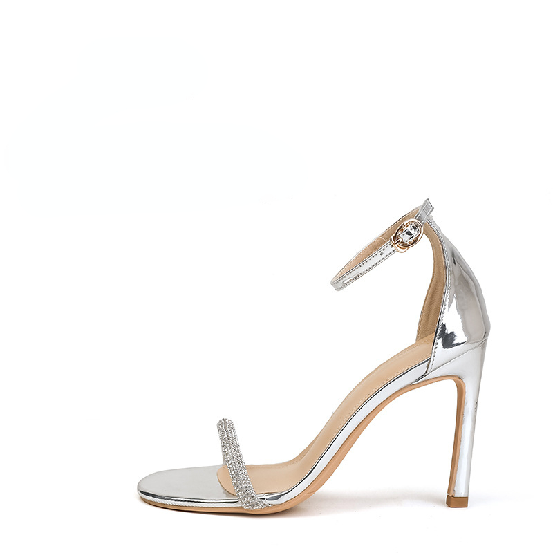 Yeni Bahar ve Yaz Peri Stili ile Gümüş Yüksek Topuklu Ayakkabılar, Tümüyle Uyumlu Patent Deri, Yapay Elmas Stiletto Sandaletler Kadın_voghion.com