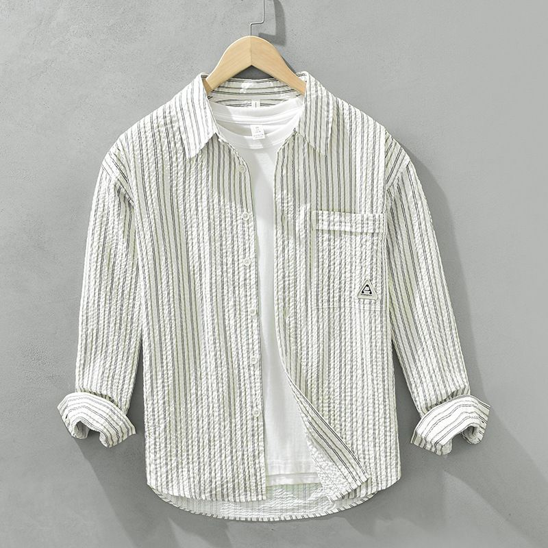 6701 Japanese Fresh Stripe Casual Long sleeved Shirt for Men's Art Versatile Loose Fashion Top, One Piece for Replacement_voghion.com