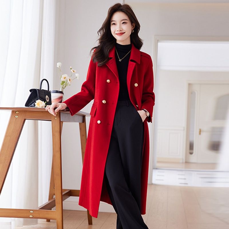 Calm Red Double-Sided Cashmere Wool For Women 2024 Autumn Winter New High-End Mid-Length Woolen Trench Coat_voghion.com
