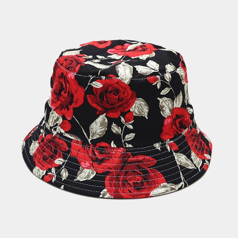 New rose pattern double-sided bucket hat women's casual versatile sun hat outdoor basin hat_voghion.com
