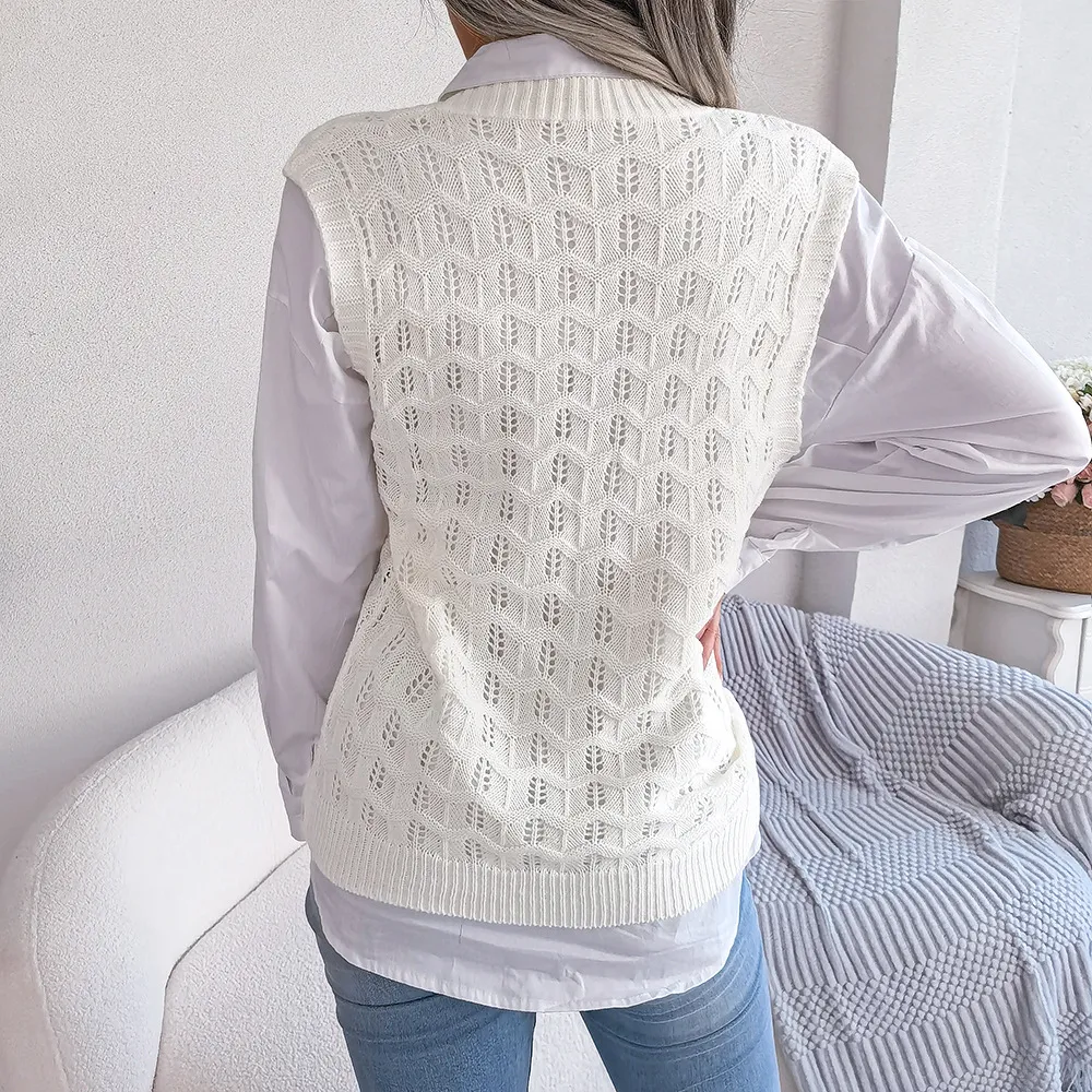Women's clothing solid color hollow wavy V-neck knitted vest sweater independent station women's clothing_voghion.com