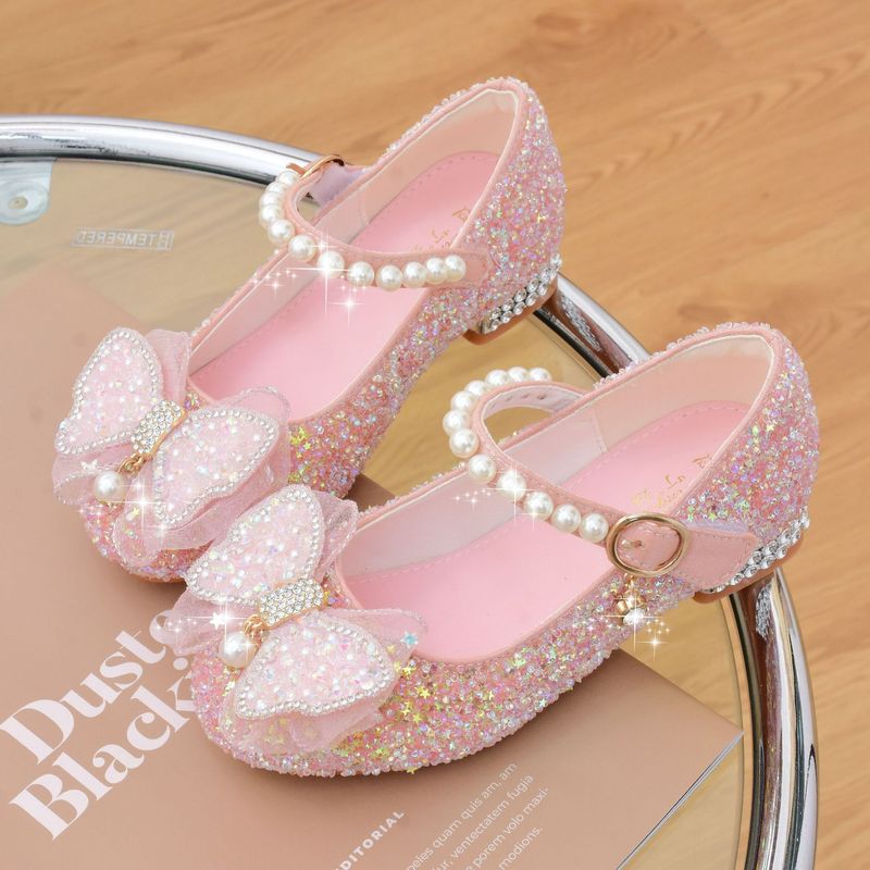 Girls' single shoes spring and autumn new style little princess leather shoes pearl crystal shoes soft sole medium and large children's shoes children's high heels_voghion.com