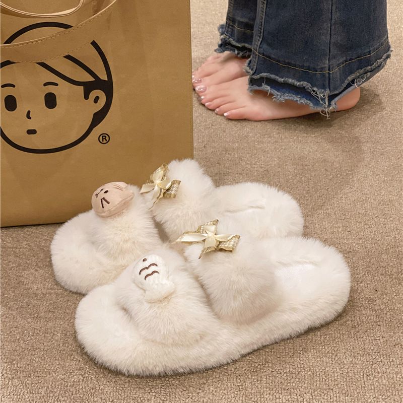 2024 Autumn Winter New Thick-Soled Fleece-Lined Cute Fluffy For Women Cotton Women's One-Strap Slippers_voghion.com