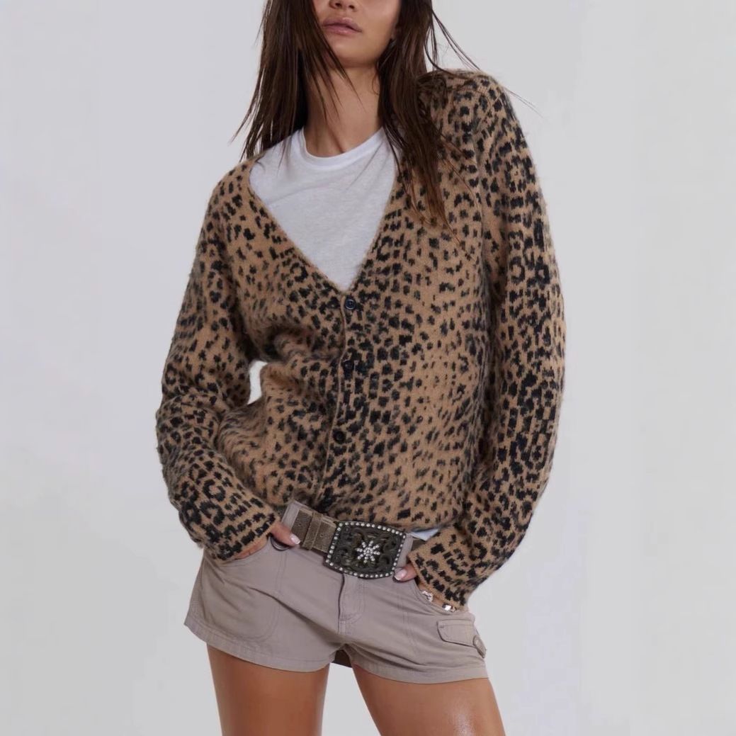 New Versatile American Style Leopard Print V-Neck Knitted Cardigan Hot Girl Sweater Coat Soft Fuzzy 4146_voghion.com