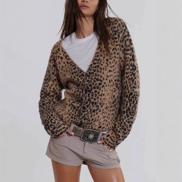 New Versatile American Style Leopard Print V-Neck Knitted Cardigan Hot Girl Sweater Coat Soft Fuzzy 4146_voghion.com