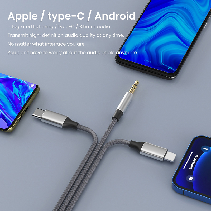 3.5mm/8Pin/Type C 3-in-1 3.5mm jack auxiliary cable, suitable for iPhone, iPad, tablet, car speakers, headphon_voghion.com