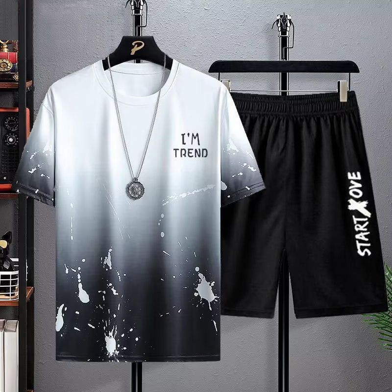 Men's Ice Silk Short-Sleeved T-Shirt Suit Men's Large Size Set Of Casual Handsome Matching Clothes T_voghion.com