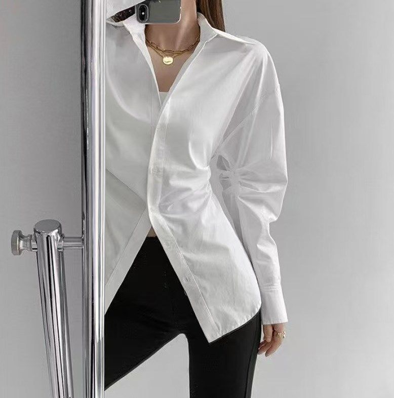 Abbigliamento da donna Camicia a maniche lunghe tinta unita Temperamento Design sottile Vita sottile Pieghettata Donne Pendolarismo Tutto abbinato_voghion.com