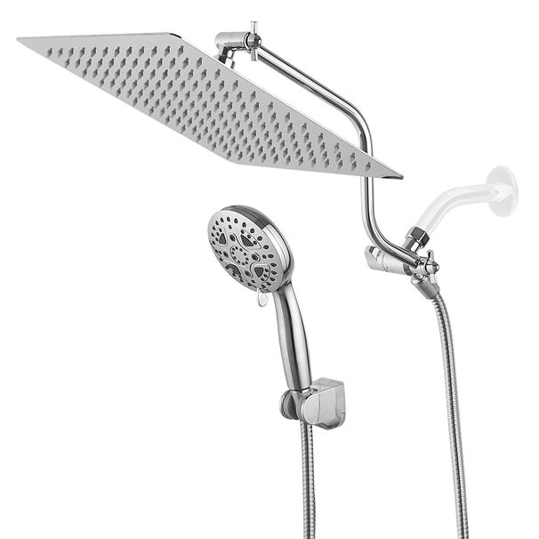 304 Bending Arm + 12 Inch 304 Ultra-thin Top Spray Shower + Plastic Handheld + Plastic Non-marking Socket 3. 1.5m Shower Pipe_voghion.com
